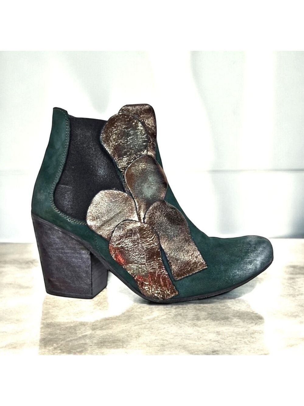 Papucei Adeline Handmade Green Leather Heeled Pull On Ankle Boots Size 37